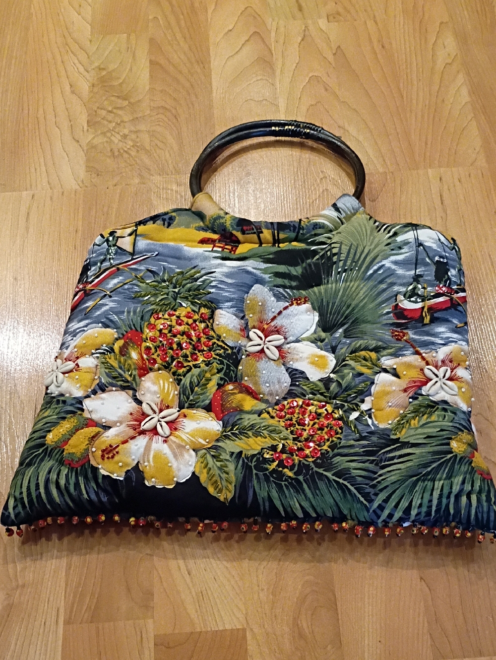Vintage Tropical Floral Tote - Yellow, Green, Black